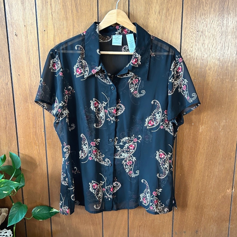 Vintage Emma James Sheer Paisley Floral Short Sleeve Blouse Top Cottagecore Boho